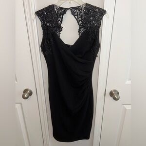 Bison Bisou women’s lace shoulder‎ draped ruched waist black dress size 8